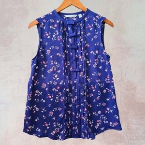 LC Lauren Conrad Navy & Pink Floral Sleeveless Blouse with Bow Buttons size S